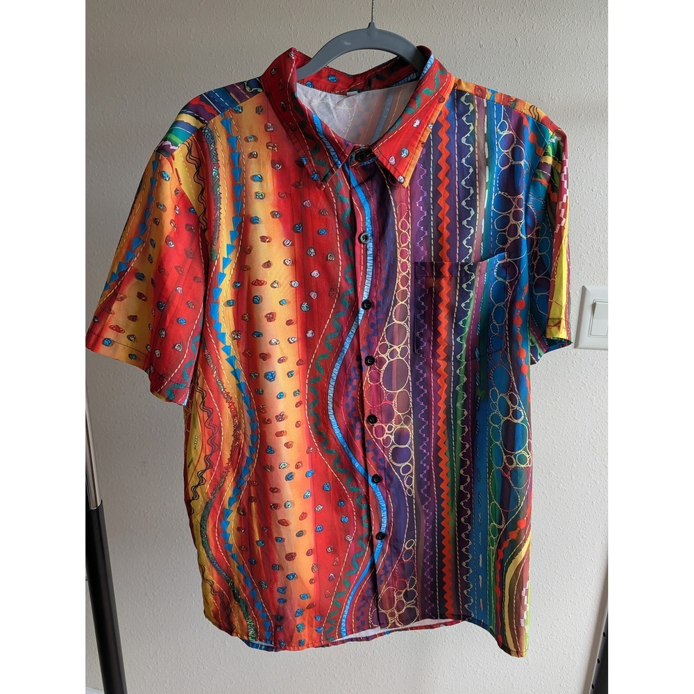 Mens Abstract Print Button Down Shirt Short Sleeve Multicolor Retro 90s Style M